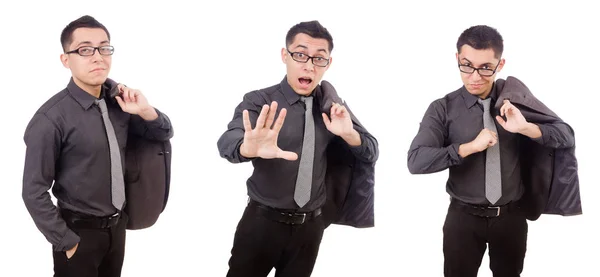 Hombre joven en traje gris aislado en blanco —  Fotos de Stock