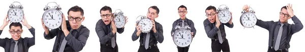 Vicces üzletember Clock elszigetelt fehér — Stock Fotó