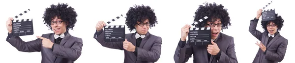 Hombre con película clapper aislado en blanco — Foto de Stock