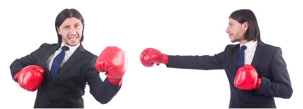 Geschäftsmann mit Boxhandschuhen auf weiß — Stockfoto