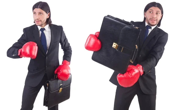 Uomo d'affari con guanti da boxe su bianco — Foto Stock
