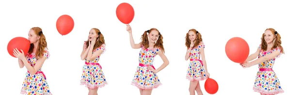 Jovem com balão vermelho isolado em branco — Fotografia de Stock