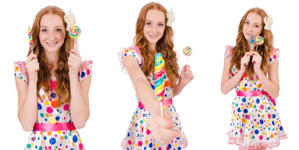 Hübsches Mädchen mit Lollypops isoliert auf weiß — Stockfoto