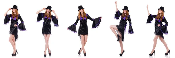 Söt flicka i lila carnival kläder och hatt isolerad på whit — Stockfoto