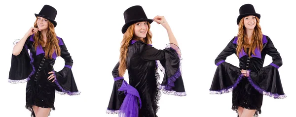 Pretty girl in purple carnival clothing and hat isolated on whit — Stock Photo, Image
