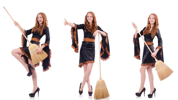 Nice witch with broom on white — Stock Photo, Image