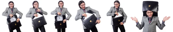 Young businessman in gray suit holding briefcase isolated on whi — Stock Photo, Image