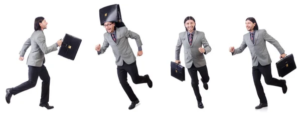 Junger Geschäftsmann im grauen Anzug mit Aktentasche auf dem Kopf — Stockfoto
