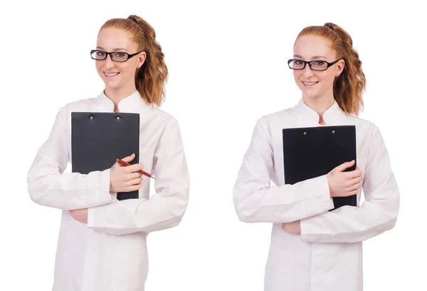 Joven estudiante de medicina escribiendo en el aglutinante aislado en whit — Foto de Stock