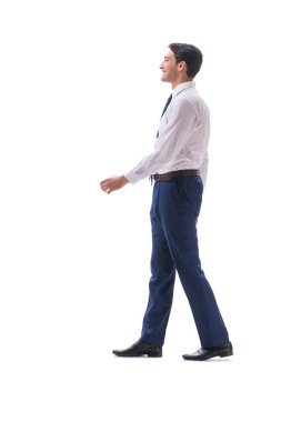 İşadamı yürüme ayakta yan görüntülemek izole üzerinde beyaz backgro