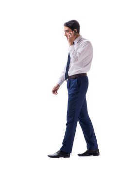 İşadamı yürüme ayakta yan görüntülemek izole üzerinde beyaz backgro