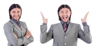 Beyaz izole gri elbiseli genç işadamı