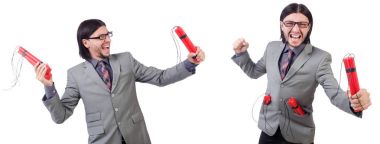 Genç işadamı dinamit beyaz izole holding