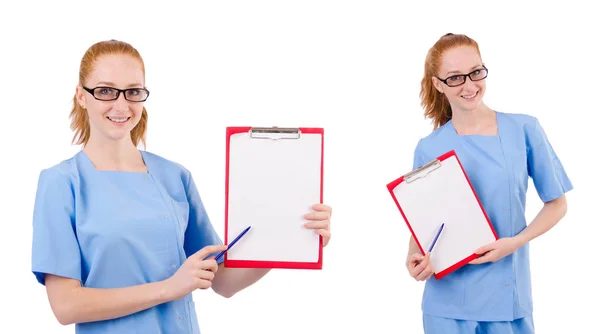 Mooie arts in uniform met documenten geïsoleerd op wit blauw — Stockfoto