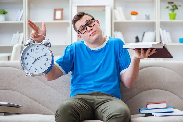 Estudiante joven preparándose para los exámenes que estudian en casa en un sofá — Foto de Stock