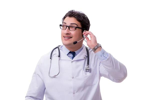 Médico jovem com fone de ouvido isolado em branco — Fotografia de Stock