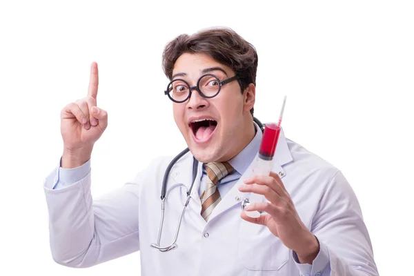 Funny doctor with syringe isolated on white — Stock Photo, Image