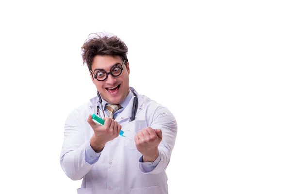 有趣的医生用白色的注射器隔离注射器 — 图库照片