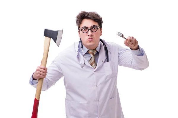 Zabawny lekarz z siekierą odizolowany na białym — Zdjęcie stockowe