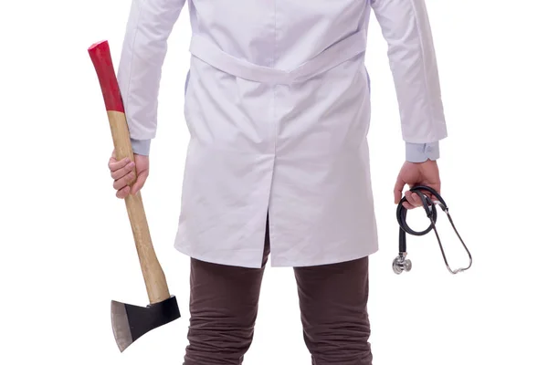 Grappige dokter met bijl geïsoleerd op wit — Stockfoto