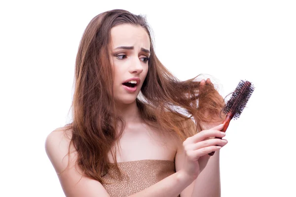 Kvinna i skönhet konceptet kamning loosig håravfall — Stockfoto