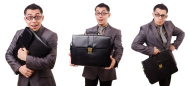 Genç adam beyaz izole evrak çantası elinde