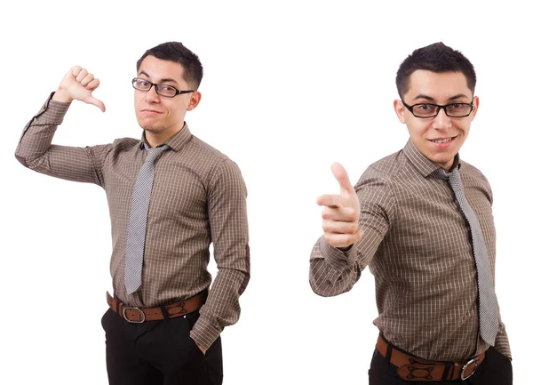 Jeune homme en chemise marron isolé sur blanc — Photo