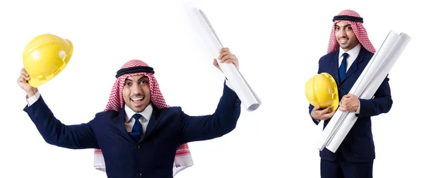 Arabské inženýr s výkresy na bílém pozadí — Stock fotografie
