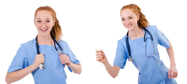 Ładny lekarz w niebieskim mundurze stetoskop na białym tle na whi — Zdjęcie stockowe