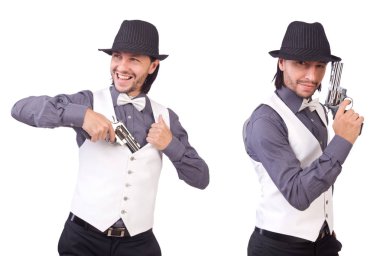 Silahlı bir adam beyazın üzerinde izole edilmiş.