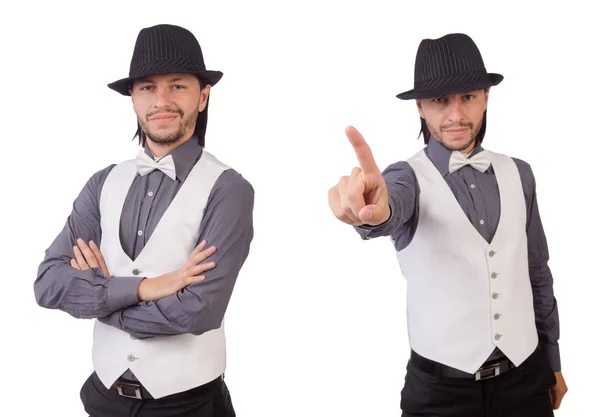 Junger Mann in grauem Hemd und schwarzem Hut vereinzelt auf weißem Grund — Stockfoto