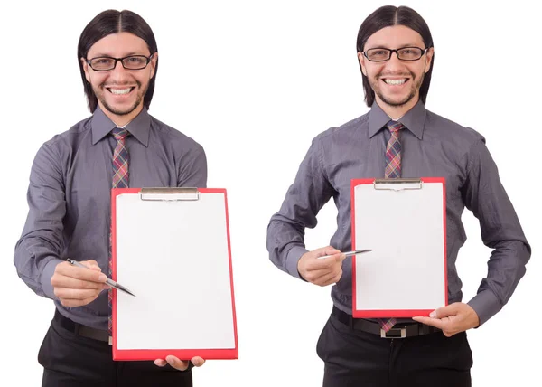 Joven empresario con papel aislado sobre blanco —  Fotos de Stock