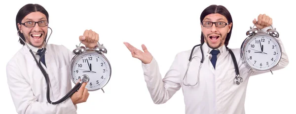 Man doctor with clock isolated on white — Stock Photo, Image