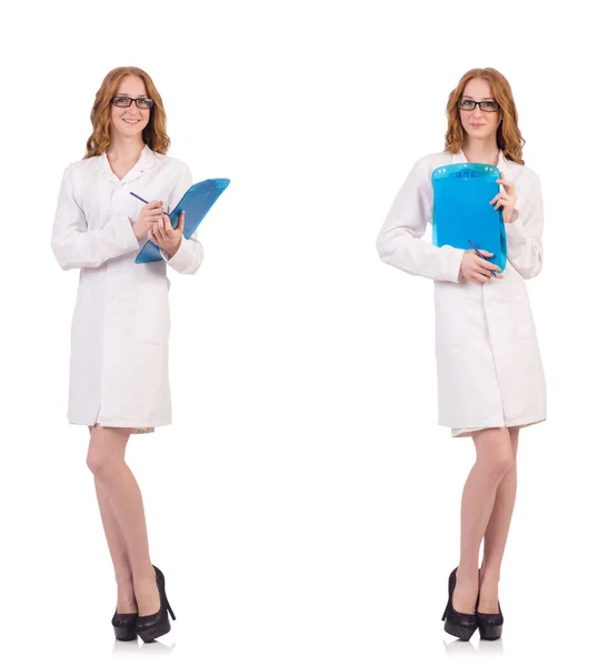 Pretty female doctor holding diary isolated on white — Stock Photo, Image