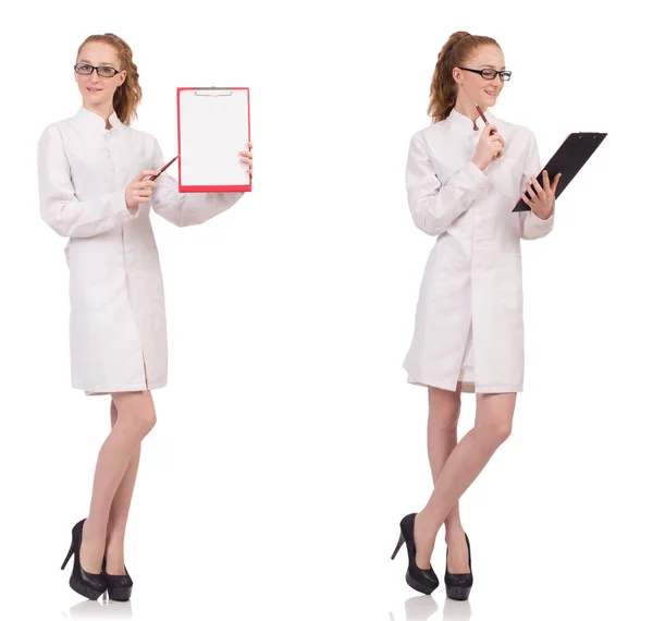 Pretty female doctor holding diary isolated on white — Stock Photo, Image