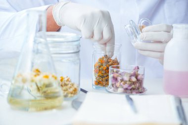 Laboratuvarda parfüm karıştıran bir kimyager.