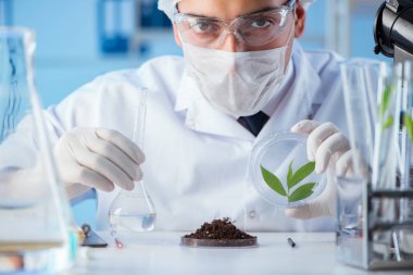 Erkek bilim adamı bir laboratuarda deney yapıyor.