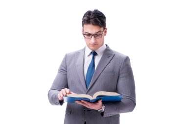 Beyaz arka planda izole edilmiş bir kitap okuyan işadamı öğrencisi