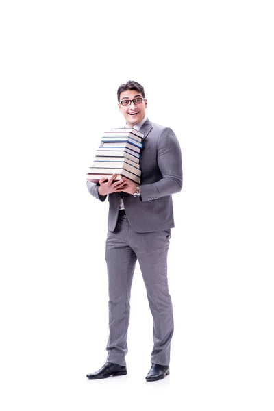 Podnikatel student nesoucí hromadu knih izolovaných na w — Stock fotografie