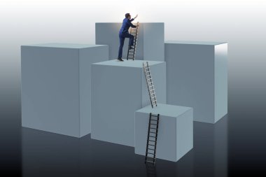 İş adamı kariyer merdiveni iş konseptinde engellere tırmanıyor