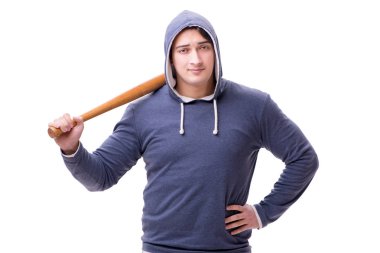 Beyazda beysbol sopası olan genç bir holigan.