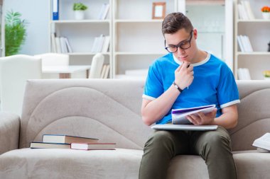 Sınavlara hazırlanan genç öğrenci kanepede ders çalışıyor.