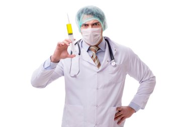 Beyaz şırıngalı komik doktor.