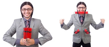 Genç işadamı dinamit beyaz izole holding