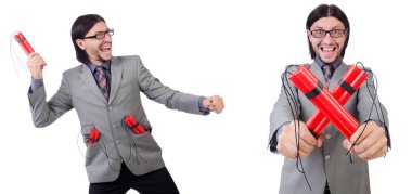 Genç işadamı dinamit beyaz izole holding