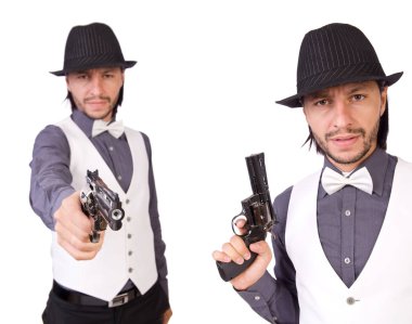 Silahlı bir adam beyazın üzerinde izole edilmiş.