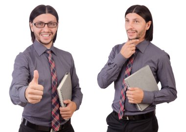 Kağıt üzerinde beyaz izole ile genç işadamı