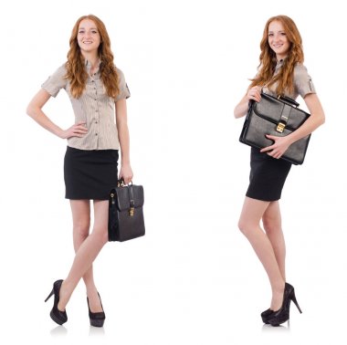 Genç ve güzel çalışan beyaz izole evrak çantası ile