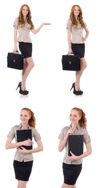 Genç ve güzel çalışan beyaz izole evrak çantası ile