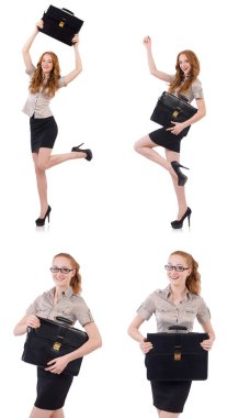 Genç ve güzel çalışan beyaz izole evrak çantası ile